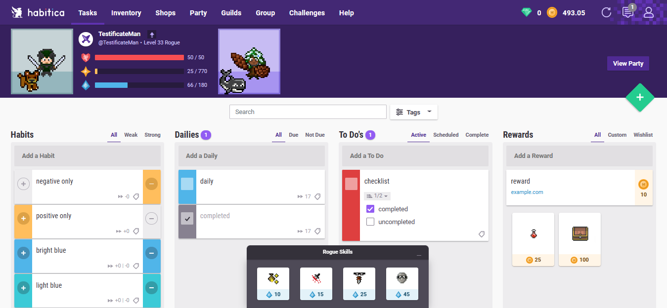 Habitica dashboard