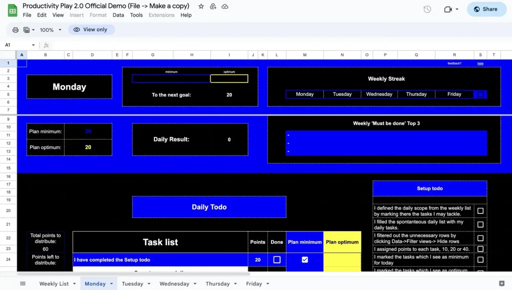 google sheets productivity template